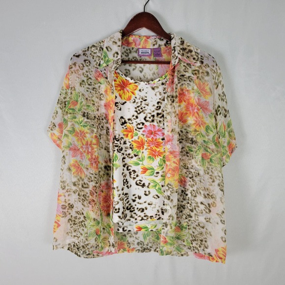 Premier Womens Shirt Large Top Floral Short Sleeve‎ Button Down Lined Sheer - Picture 1 of 11